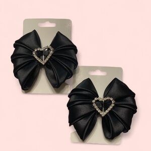 Hand crafted Black Satin Hair Bows with Rhinestone Heart